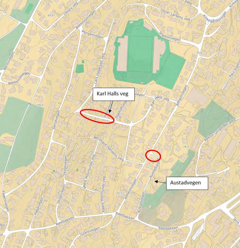 Figur 17: Oversikt over hvor gatebildene er hentet fra (kartkilde: kart.finn.no). For selve arrangementet legges det til grunn en kapasitet på 7500 personer.