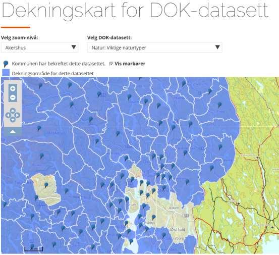 Figur 2 Eksempel på DOK dekningskart som det sees i Geonorge. Blå farge indikerer at det finnes data i kommunen. Markøren viser hvilke kommuner som har valgt datasettet som sitt DOK.