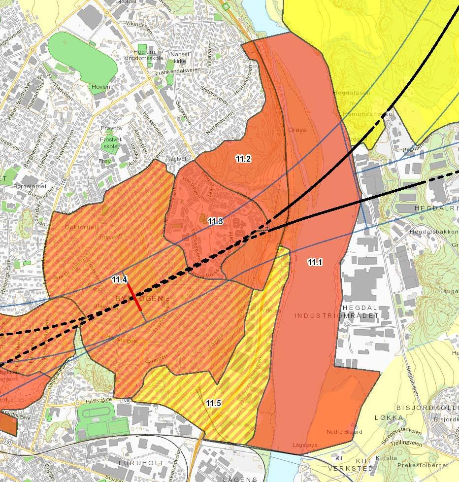 6.1.3 Utredningsområde 11 Lågen Yttersølia Tagtvedt Lågen Byskogen Figur 6-11. Verdikart og områdeinndeling utredningsområde 11.