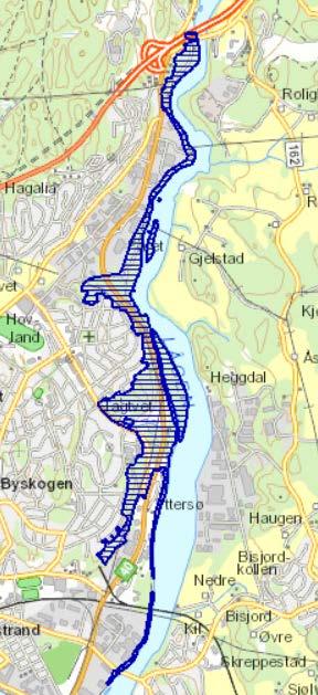 Figur 6-13. Til venstre: Numedalslågen friluftslivsområde. Kilde: naturbase.no. Over: Del av Elvestien. Elvestien er markert med rød strek. Kilde: Larvik kommune turkart.