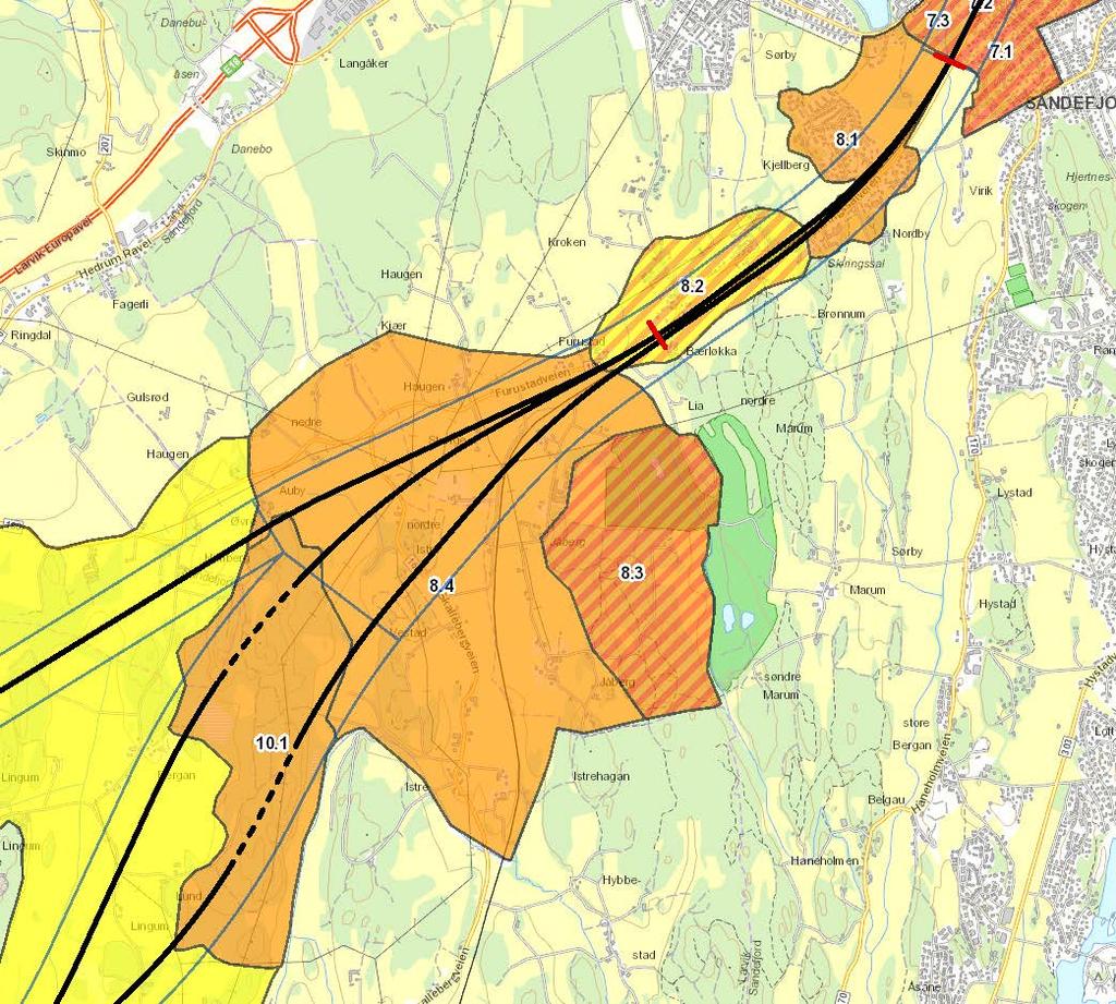 6.2 Stålakerkorridoren 6.2.1 Utredningsområde 8 Furustad Gemini feltet Jåberg Golfbane Ramsås Istre Løkåsen Figur 6-18. Verdikart og områdeinndeling utredningsområde 8.