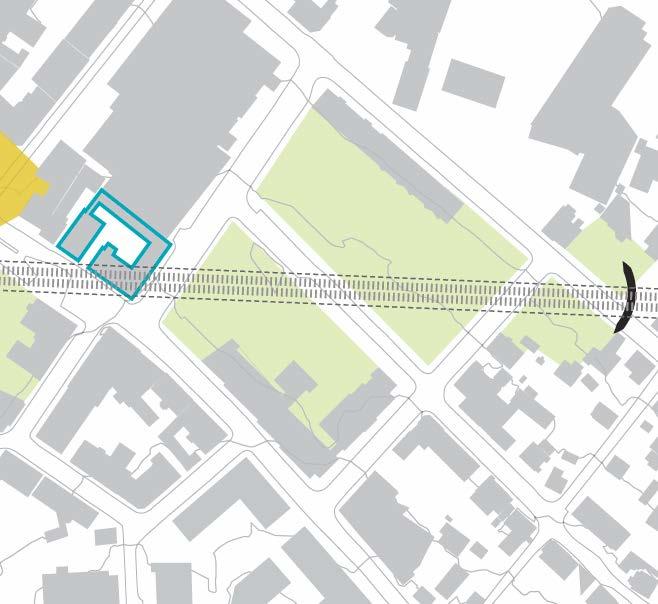 Figur 7-5. Skisse som viser mulig framtidig situasjon, hvor bebyggelse som antas å måtte rives erstattes med parker i åpne bystrukturer. Blå sirkel plassert i Josefinegata.