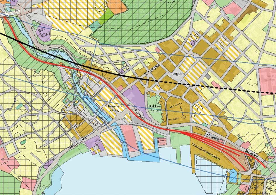 7.1.3 Konsekvens av at dagens spor fjernes i Indre havn og Hammerdalen Det er gjort en vurdering av mulige virkninger av at traseen i Indre havn tas ut av bruk til jernbaneformål. Figur 7-18.