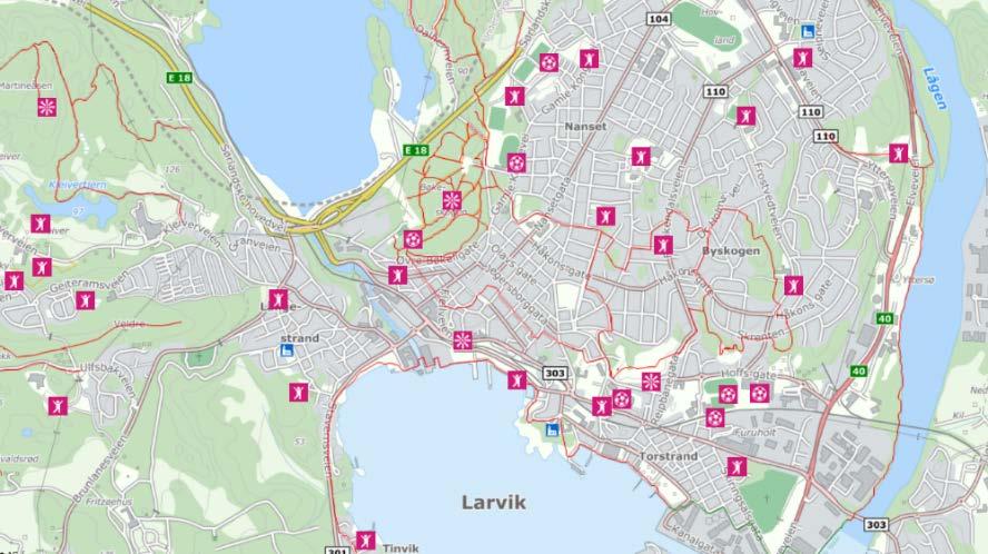 4.2.3 Larvik by I kartportalen til Larvik kommune under «Turkart» finnes de viktigste nærmiljøinteressene oppsummert. Figur 4-6. Turkart fra Larvik kommunes kartportal.