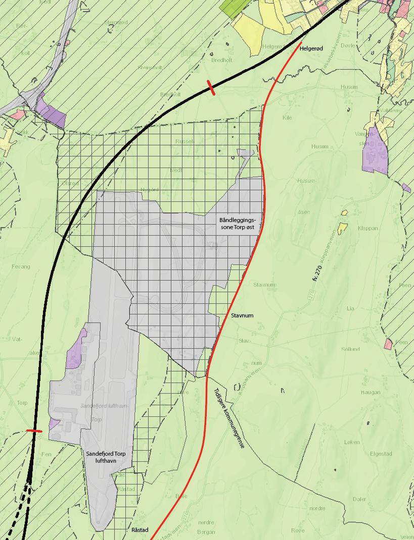 Figur 5-29. Utsnitt av kommuneplanens arealdel i Sandefjord og tidligere Stokke kommune på strekningen mellom Helgerød og Råstad.
