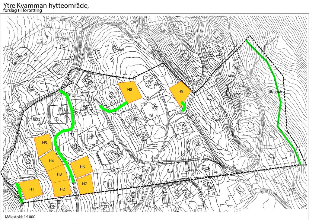 Detaljreguleringsplan for Ytre Kvamman hytteområde gnr/bnr. 201/1. 3 Fig. 4: Forslag til fortetting. b)vurdering av hvorvidt utbygging i henhold til planen vil få virkninger utenfor planområdet.