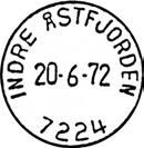 1972 INDRE ÅSTFJORDEN Innsendt?? 7224 Registrert brukt fra 22-2-75 TK til 29-9-79 FH Postkontoret 7224 INDRE ÅSTFJORDEN ble lagt ned fra 01.10.1979. Stempel nr. 1 Type: IV Utsendt?? 267 Innsendt?