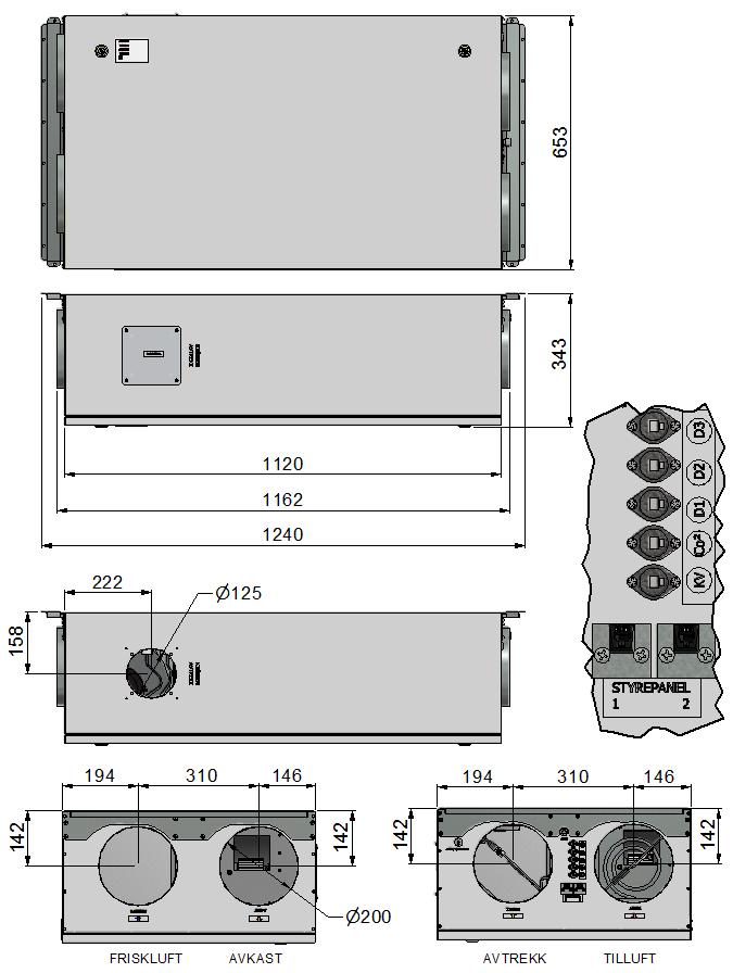 DIMENSJONER AHU-400 HH1 Alle kanaltilkoblinger er Ø200 med unntak av den til ventilatoravtrekk som er