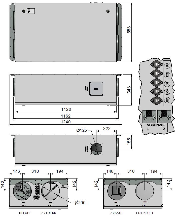 DIMENSJONER AHU-400 HV1 Alle kanaltilkoblinger er Ø200 med unntak av den til ventilatoravtrekk som er