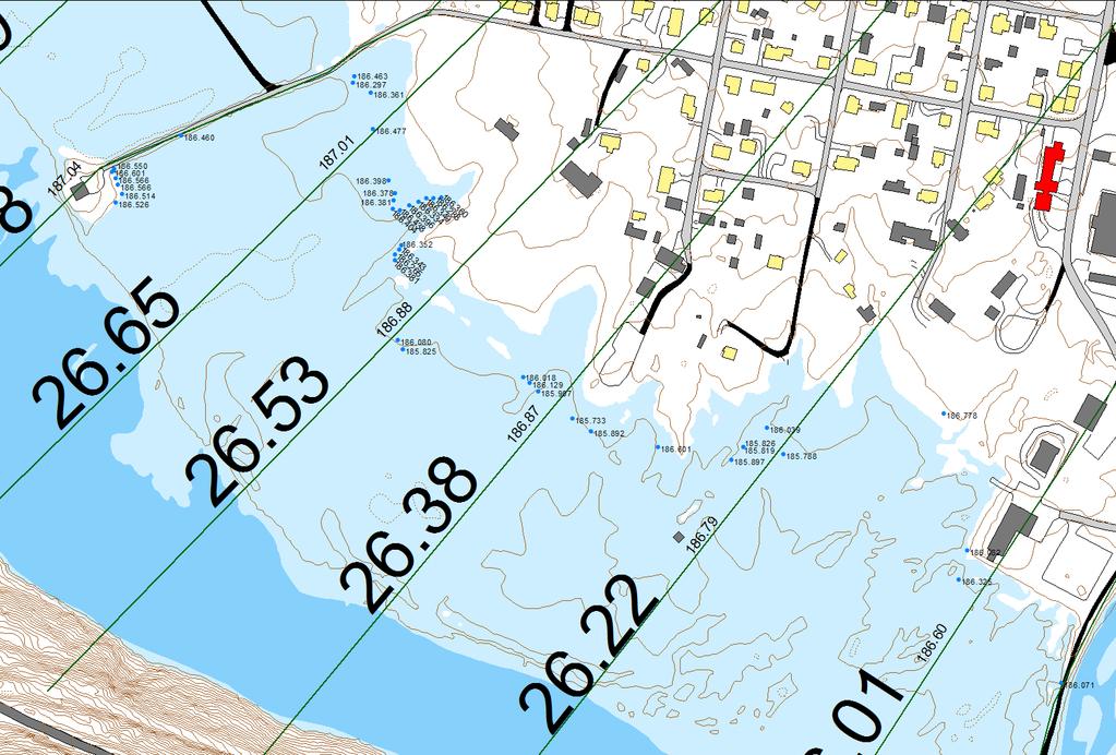 Figur 9 Oppmålte vannstander etter flommen 2014, beregnet 10 årsflom for eksisterende situasjon er tegnet inn Figur 10 Verifikasjon av vannlinjemodel mot 2014 flom Tabell 10 Oppmålinger av