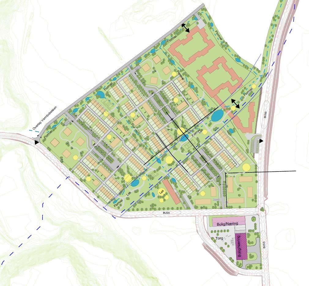 Figur 2 Foreløpig situasjonsplan for ny områdeplan ved Gimsøya i Melhus. Den foreløpige situasjonsplanen for den nye områdeplanen for Gimsøya er vist i Figur 2.