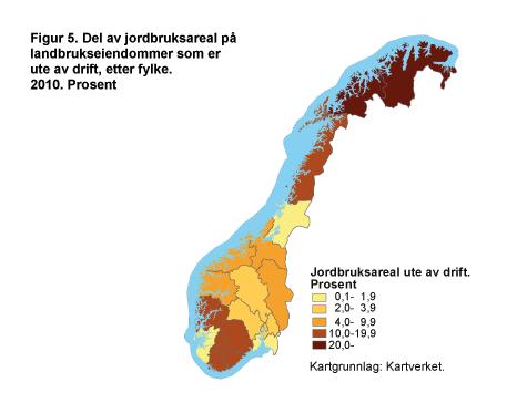 Forskjeller i fylkenes potensiale, særtrekk ved Nord Trøndelag Landbrukstellingen 2010 : Nord Trøndelag og Rogaland, lavest andel jordbruksareal ute av drift på landsbasis.