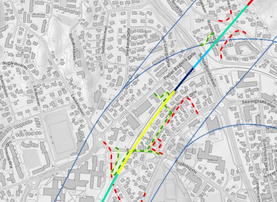 Figur 5-2 Ny Sandefjord stasjon: Illustrasjon av hvor nytt dobbeltspor går parallelt med og over dagens spor. Dagens spor vises som enkel grå linje. Blå linjer er ytterkant av utredningskorridor.