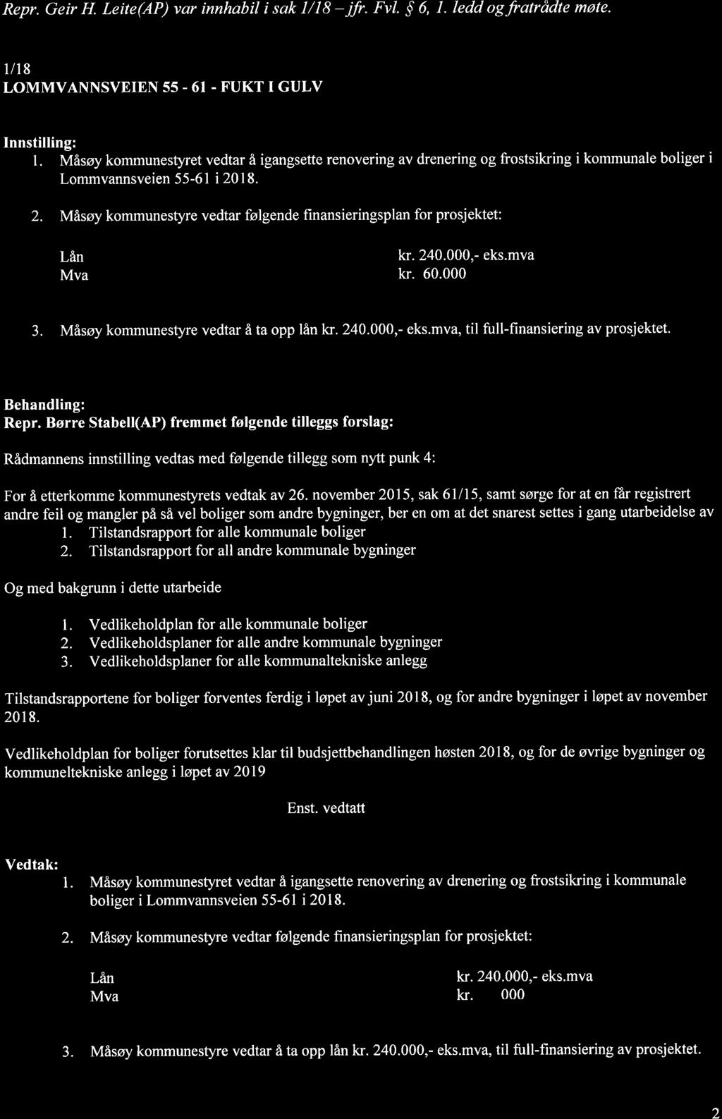 Repr. Geir H. Leite(AP) var innhabil i sak I/f B -ifr. Fvl. $ 6, 1. ledd ogftatrådte møte' 1/1 8 LOMMVANNSVEIEN 55-61 - FUKT I GULV l.