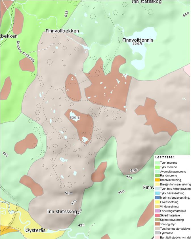 5.2. Grunnforhold Grunnen i området består av humus-/torvdekke i tillegg til myr, iht. løsmassekart hentet fra NGU. Område med myr benyttes ikke som byggeområder.