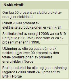 Vi er blant de største råoljeeksportørene i verden. Norge har en høy andel elektrisitet i energiforbruket. Kraftforbruket per innbygger er rundt ti ganger større enn verdensgjennomsnittet.