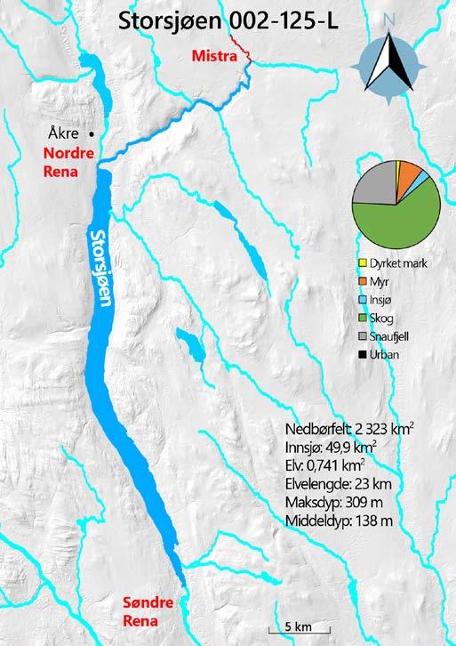 3.4 Storsjøen (Glommavassdraget) Nøkkeldata og inngrepshistorikk Storsjøen ligger i Rendalen og Åmot kommuner og er den tredje største innsjøen i Hedmark fylke (figur 3.4).