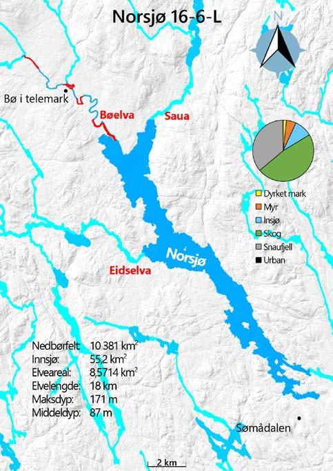 3.16 Norsjø (Skiensvassdraget) Nøkkeldata og inngrepshistorikk Norsjø er en kalkfattig, klar, dyp, og relativt smal og lang regulert innsjø med et midlere dyp på 87 m (maks. 171 m).