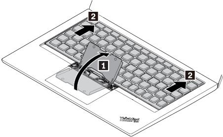Skyv tastaturet i retningen som vist av pil 2 for å løsne sperrene fra tastaturholderen.