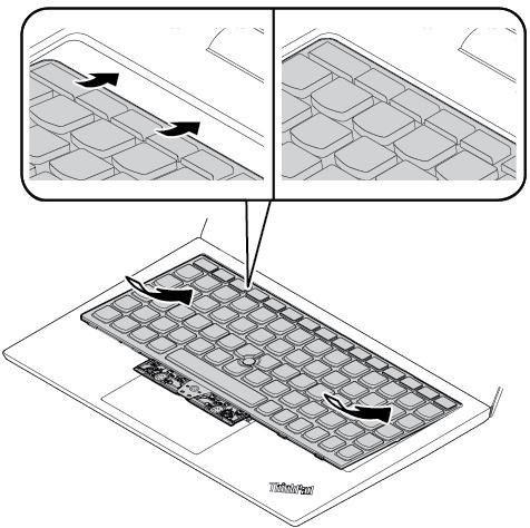 2. Skyv tastaturet inn i holderen, som vist. Pass på at den øvre kanten på tastaturet (kanten nær dataskjermen) er under rammen til tastaturholderen. 3.