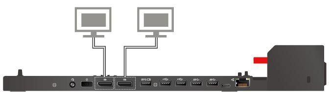 ThinkPad Basic Docking Station Inntil to eksterne skjermer koblet til DisplayPort og VGA-kontaktene kan operere