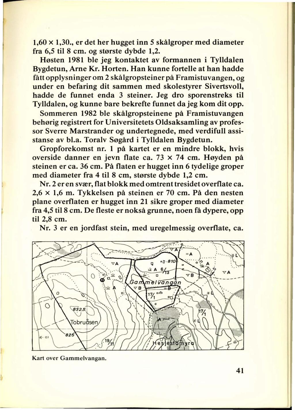 1,60 x 1,30., er det her hugget inn 5 skålgroper med diameter fra 6,5 til 8 cm. og største dybde 1,2. Høsten 1981 ble jeg kontaktet av formannen i Tylldalen Bygdetun, Arne Kr. Horten.