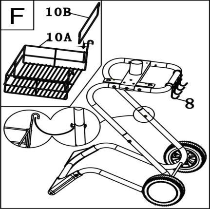 F. Sett sammen de to delene (10A) og (10B) som vist på bildet. Heng dem på utsiden av justeringsskruene (). Heng verktøyholderen (8) på sokkelrøret som vist på bildet. G.