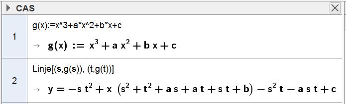 Funksjonen g er gitt ved g() x x 3 ax bx c En linje går gjennom punktene ( s, g( s )) og ( t, g( t )). c) Bruk CAS til å bestemme likningen for linjen, uttrykt ved s, t, a, b og c.