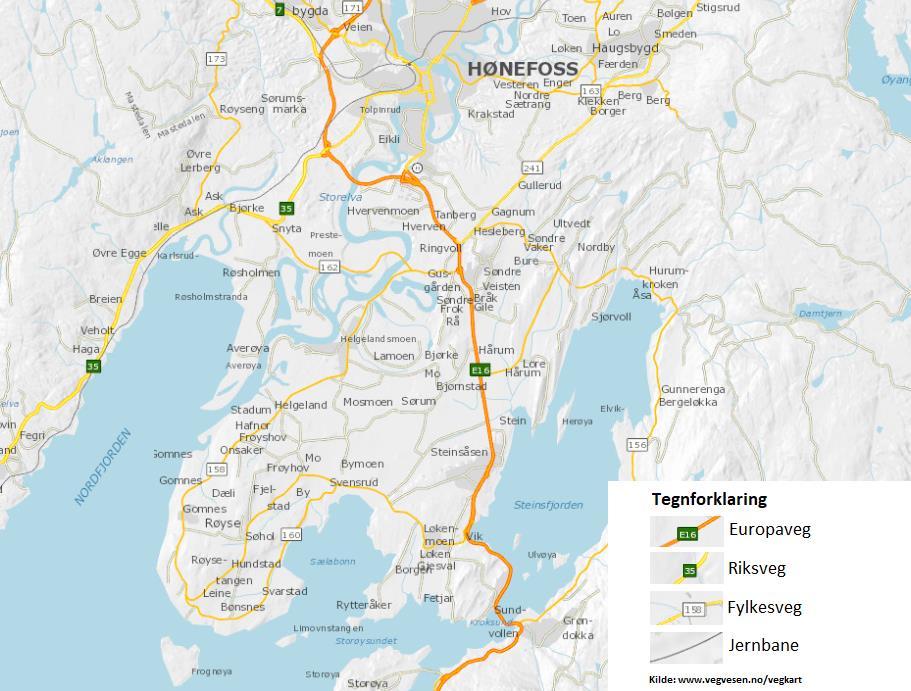 13 av 131 Figur 1-4 Oversikt over dagens vegsystem mellom Sundvollen og Hønefoss.