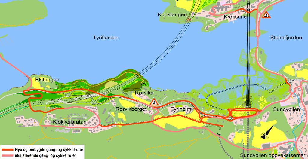 Eksisterende E16 bygges om og gsveg legges på nordsiden av E16. Enkelte direkteavkjørsler til E16 saneres.