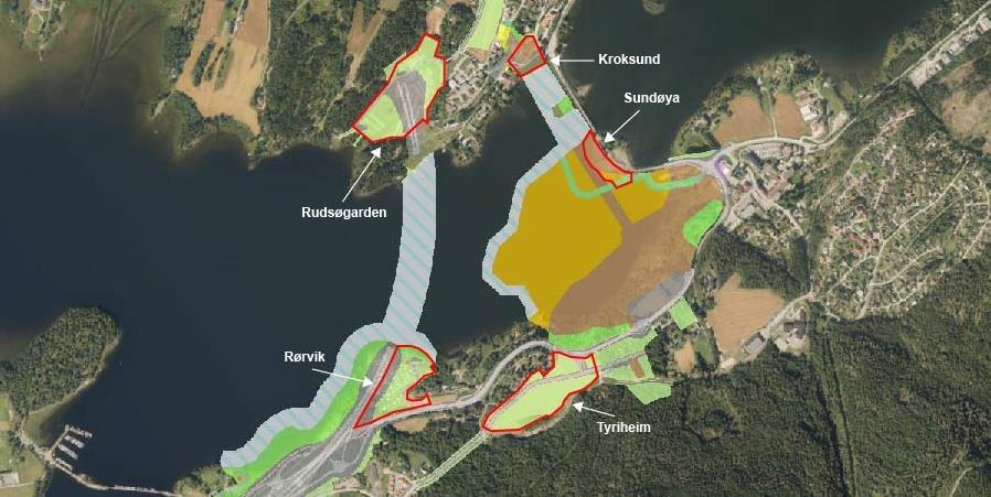 64 av 131 sykkelveg langs vegen, ved etablering av åpen byggegrop for jernbanetunnelen Jong-Sundvollen inn mot stasjonsområdet og for arbeider knyttet til bygging av ny E16 og kryss.