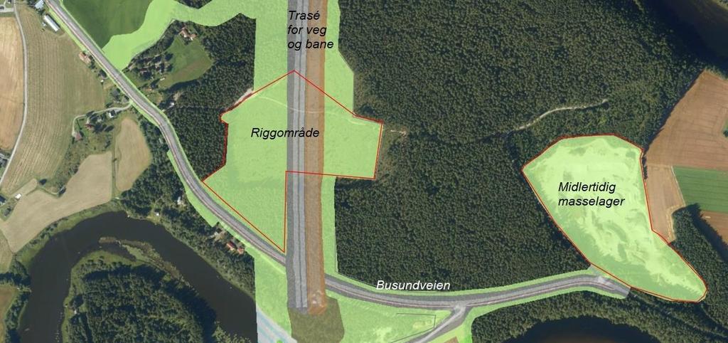 67 av 131 Figur 4-53 Illustrasjon av riggområder på Prestemoen. Et større riggområde planlegges i linja på Prestemoen, og midlertidig masselager planlegges i eksisterende sandtak.