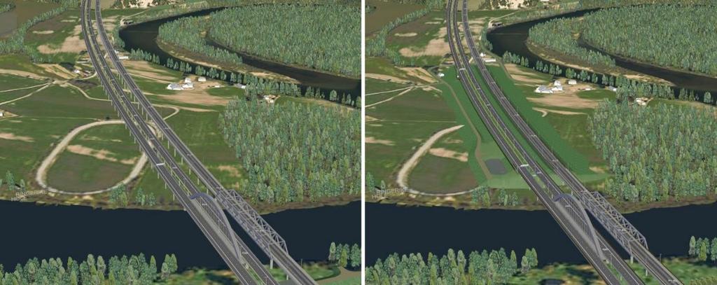 93 av 131 Konsekvenser Det er to alternative planforslagene på strekningen skiller seg fra hverandre med ulik vertikal linjeføring og brulengde over Storelva og Mælingen.