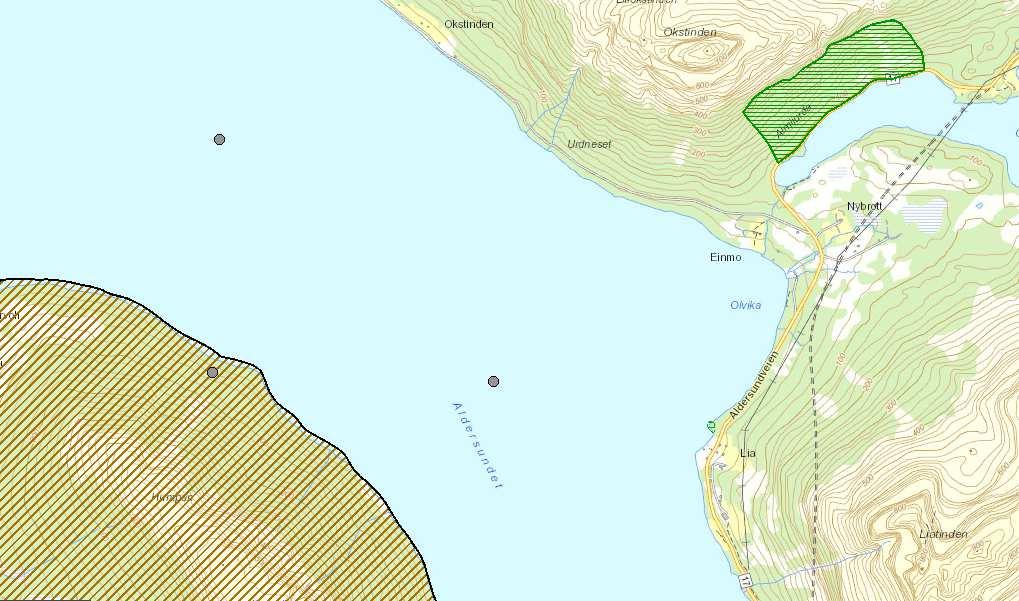 LURØY KOMMUNE Side 8 av 11 Naturinteresser Figur 6. Utdrag fra naturdatabase Det er kartlagt sei (den sørøstlige sirkel), muddersjøstjerne og sjøkjeks.