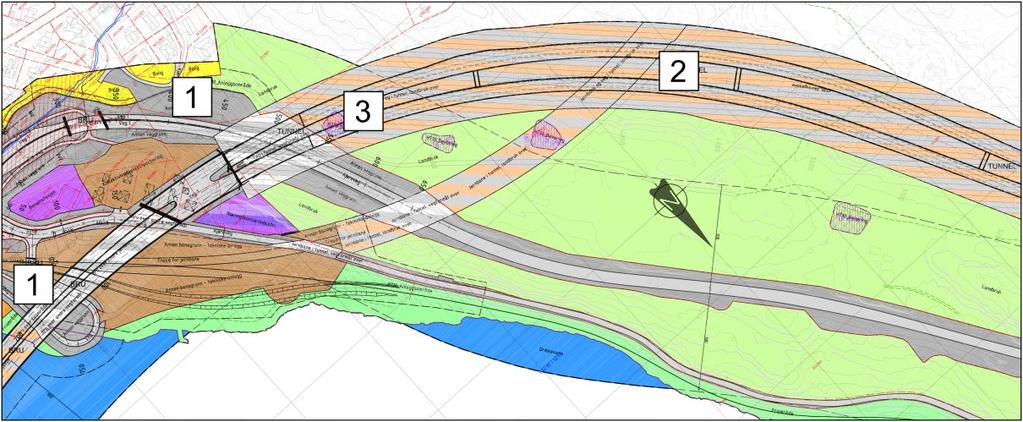 Fig. 1. Støyskjermingstiltak og geometri fra motorvegbrua gjennom Martineåstunnelen i gjeldende reg.plan fra 2010. Figur 2.