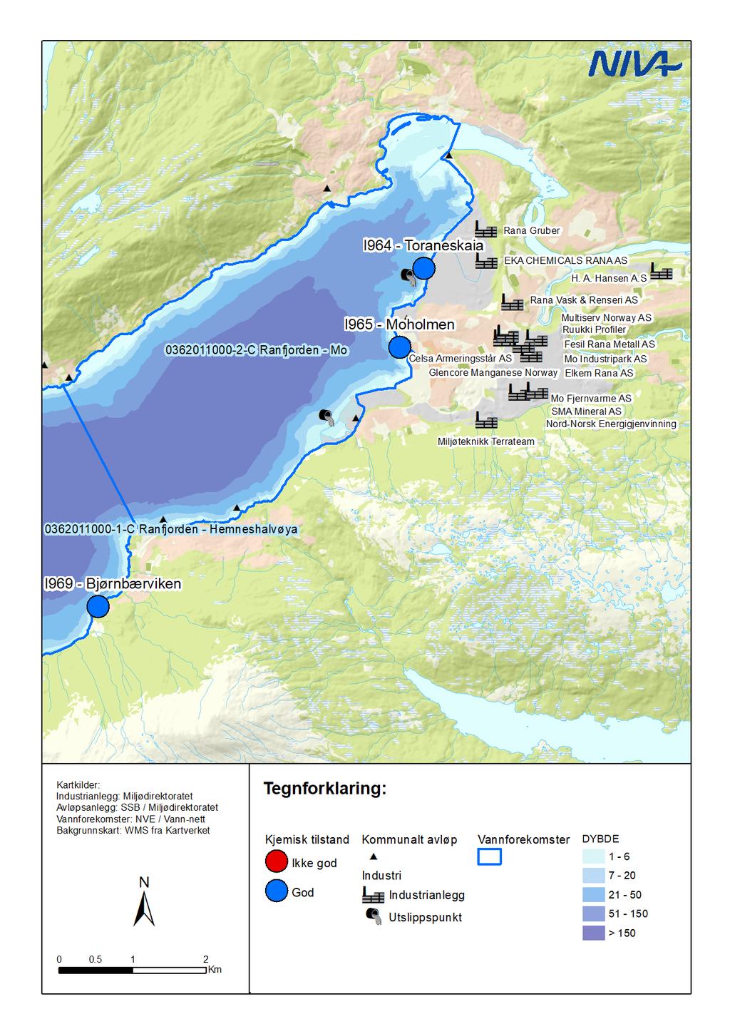 NIVA 7245-2018 Figur 7. Oversikt over kjemisk tilstand i Ranfjorden i 2017, basert på målinger i blåskjell.