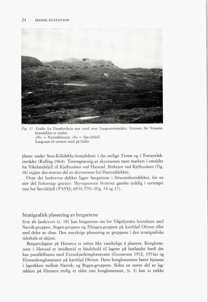 24 MAGNE GUSTAV SON Fig. 17. Utsikt fra Finnslettheia mot nord over Langvannområdet. Grensen for Straums botndekket er stiplet. «N» = Nattmålsnuten. «S» = Sørvikfjell.