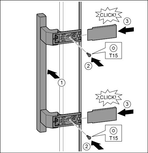 Oppstart u Løft proppen forsiktig opp med en skrutrekker, og trekk den ut. Fig. 21 (1) u Sett proppen inn igjen på den andre dørsiden. Fig. 21 (2) u Sett døren ned på den nederste lagerbolten ovenfra.