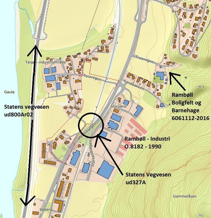 Melhusvegen, og for barnehage og boligfelt mot nordøst, se ref. /1. Plassering for de ulike grunnundersøkelsene er angitt i Figur 2.