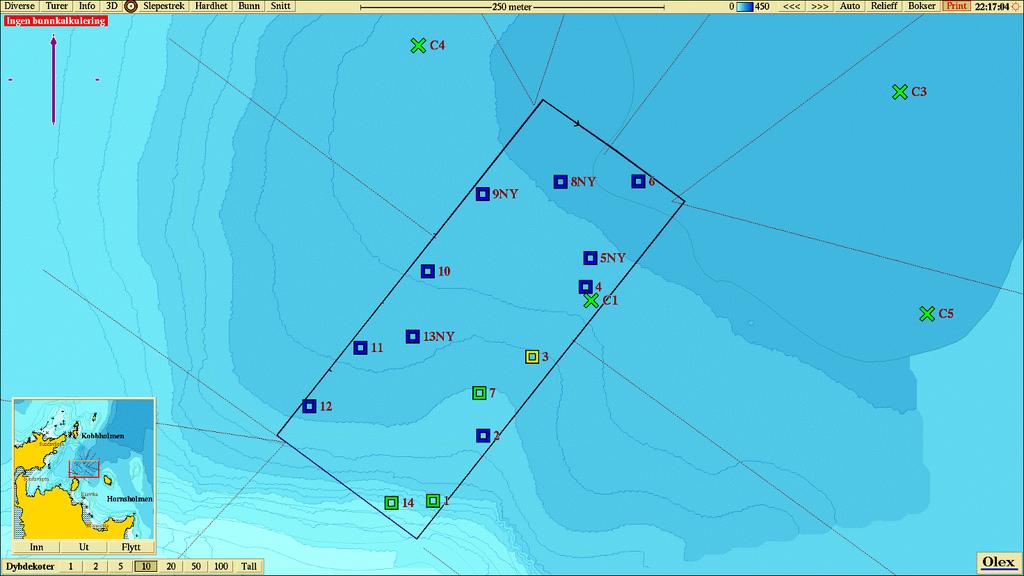 Lilla pil viser orientering av kart, strømrose viser vanntransport (m3/m2/døgn) for hver 15 sektor på 46 meters dyp (spredningsdyp), og