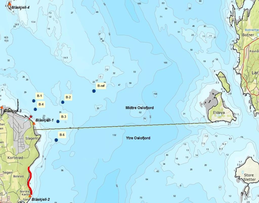 5 RESULTATER Figur 5-1 viser plasseringen av bløtbunn/sediment/ctd-stasjonene (blå punkter) og stasjoner/lokasjoner for innsamling av blåskjell (rød trekant/linje).
