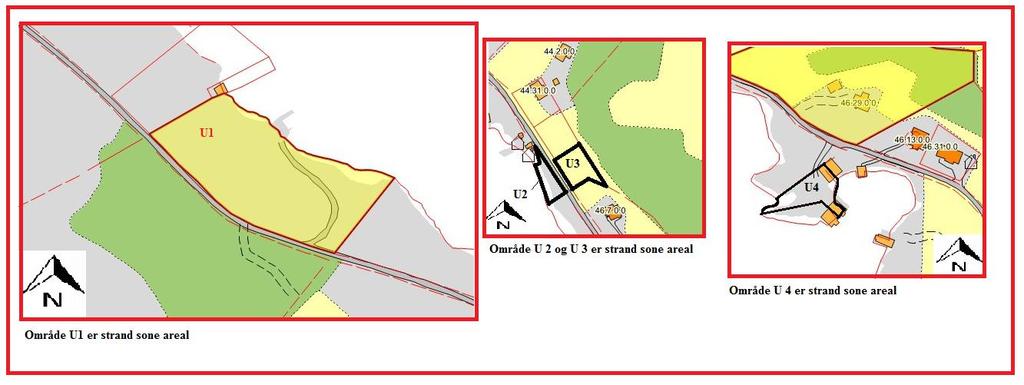 Fig. 28 Samtlige områder U1, U2, U3 og U4 er aktuelle for befaring i disse strand sone areal I samtlige områder U1, U2, U3 og U4 ønskes etablering av hytter.