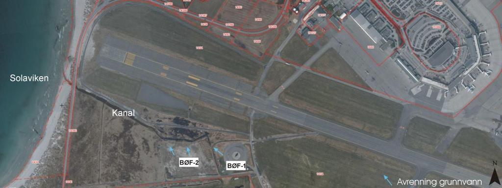 Figur 1 Oversikt Stavanger Lufthavn, Sola med anvisning av brønnøvingsfelt (BØF og antatt retning på grunnvannstrøm.
