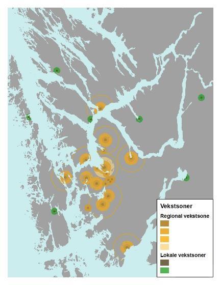 Framtidig utbyggingsmønster Veksten i bustader og arbeidsplassar bør i hovudsak kome innanfor regionale vekstsoner.