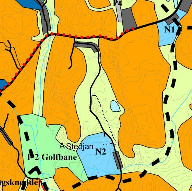 Gult område viser område avsatt til LNF-formål. Kartbildet til høyre viser plansituasjonen i planen for Langatjønn Hestehei.