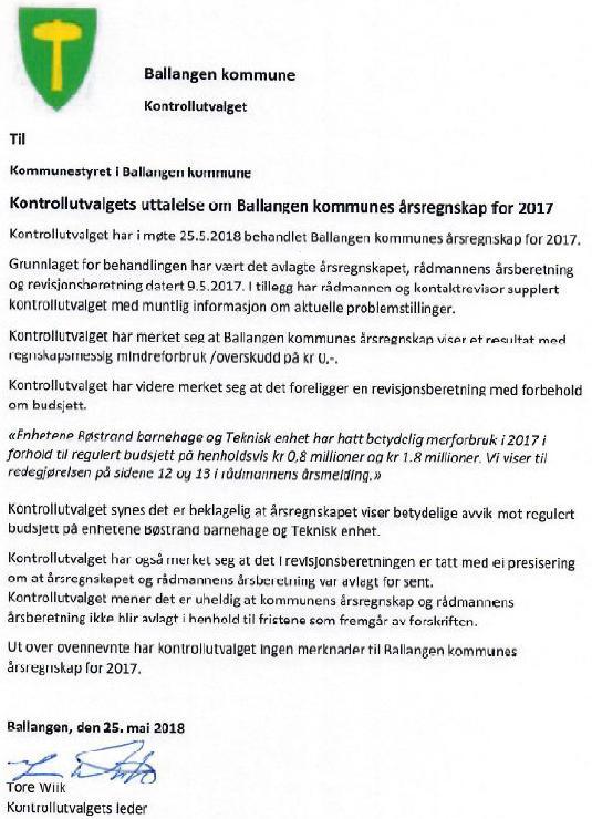 Kontrollutvalget i Ballangen 2015-2019 Vedlegg: Kontrollutvalgets uttalelse til Ballangen kommunes