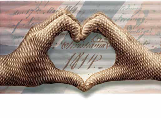 GRUNNLOVEN 200 ÅR Mann- og kvinnehånd som former et hjerte. I bakgrunnen Grunnloven fra 17. mai 1814. Dette er det første norske frimerket hvor gravyren går helt ut i kanten av frimerket.