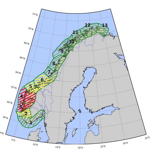 "Umferðarljósakerfið" sett á í fyrra Framleiðslan á laxi er hægt að auka (grænt), látin standa í stað (gult) eða á að draga saman (rautt) Miðast