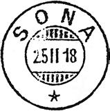 SONA SONA poståpneri, på jernbanestasjonen, i Hegra herred, ble underholdt fra 15.01.1918. Poståpneriet 7524 SONA ble lagt ned fra 01.05.1971. Stempel nr. 1 Type: SL Utsendt 26.02.