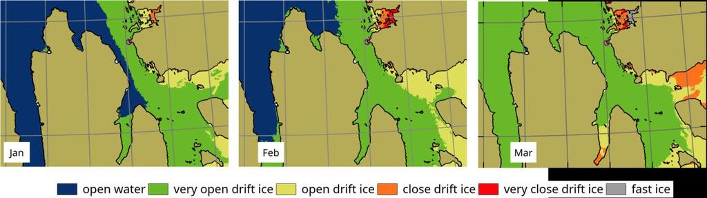 Isforhold i perioden 2014-2018 Iskart produsert av Meteorologisk Institutt viser at typisk iskonsentrasjon for hele Hinlopenstredet har variert mellom åpent vann (0 %) til åpen drivis (10-40 %) i